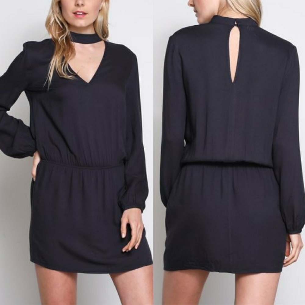 Musterd Seed  Slate Choker-Cutout Blouson Dress